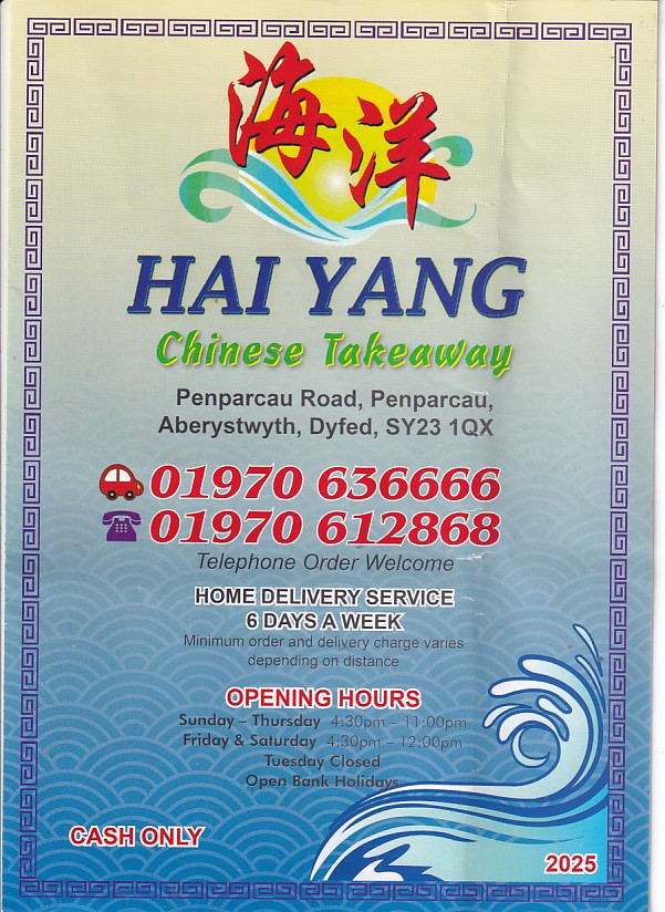 Hai Yang Chinese Menu Aberystwyth