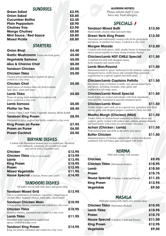 Menu of Hot Chilli Fishguard